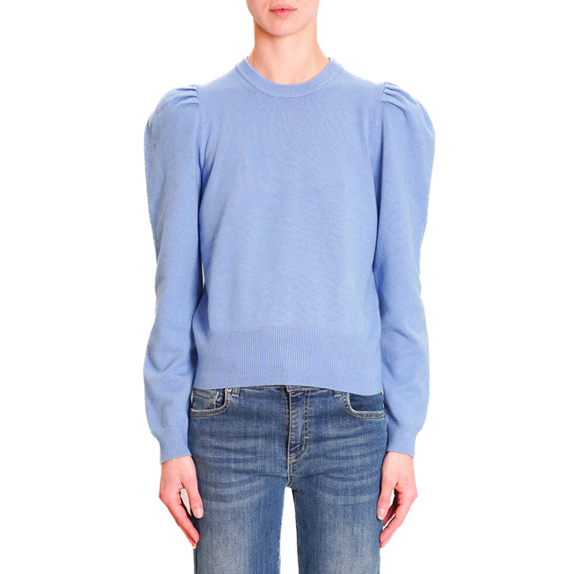 Haveone-Puff Sleeve Crewneck Sweater - Light Blue