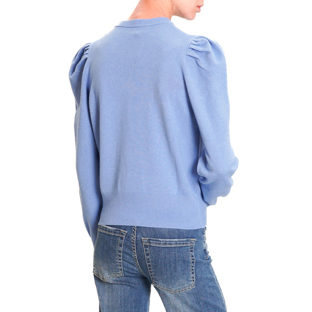 Haveone-Puff Sleeve Crewneck Sweater - Light Blue