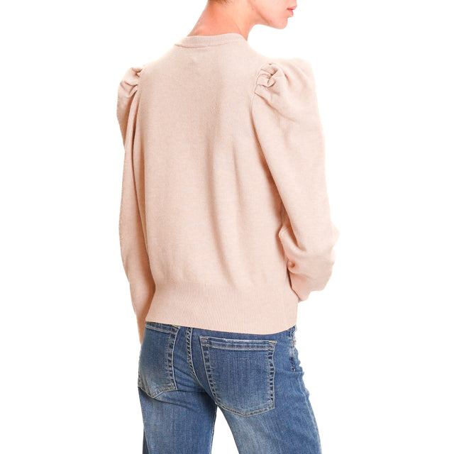 Haveone-Puff Sleeve Crewneck Sweater - Powder