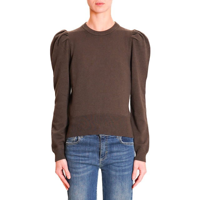 Haveone-Puff Sleeve Crewneck Sweater - Dark Brown