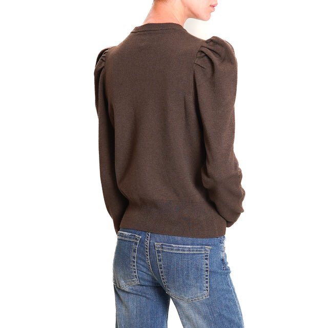 Haveone-Puff Sleeve Crewneck Sweater - Dark Brown