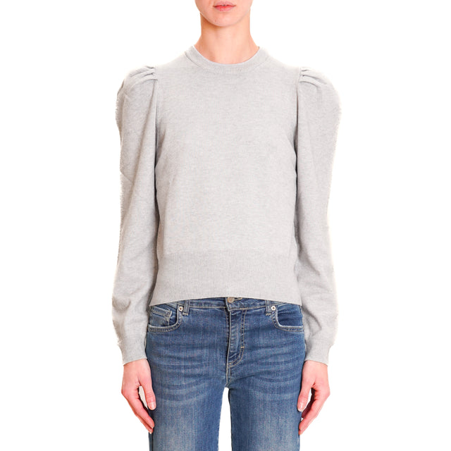 Haveone-Puff Sleeve Crewneck Sweater - Pearl