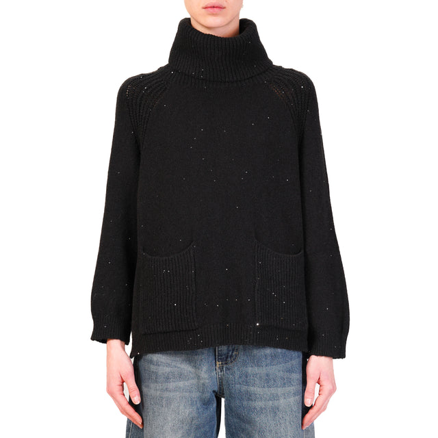 Haveone-High Neck Sweater with Pockets and Sequins - Black