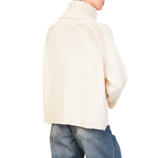 Haveone-High Neck Sweater with Pockets and Sequins - Cream