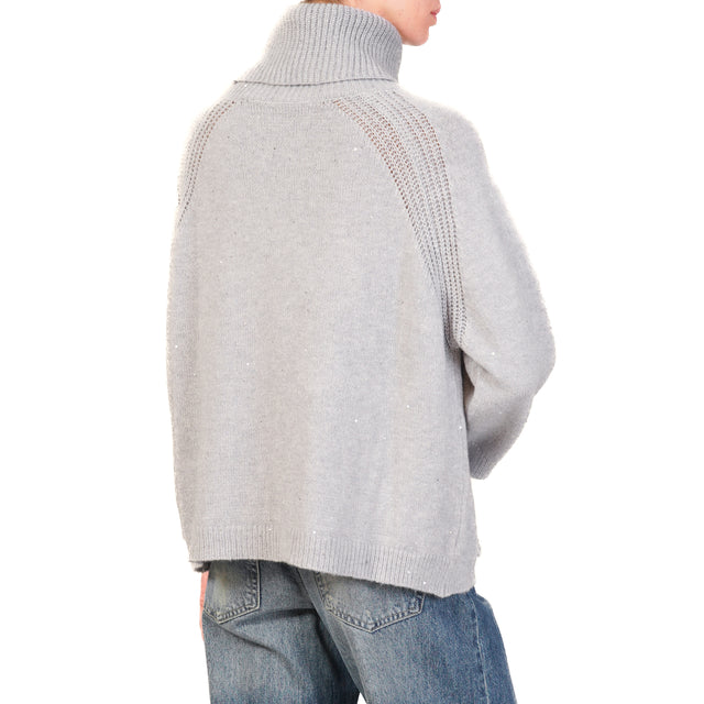 Haveone-High Neck Sweater with Pockets and Sequins - Pearl