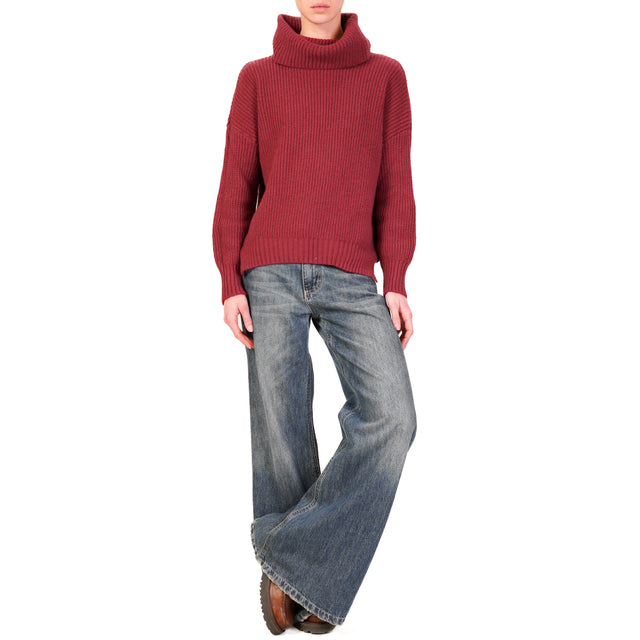 Haveone-Ribbed Turtleneck Sweater - Bordeaux