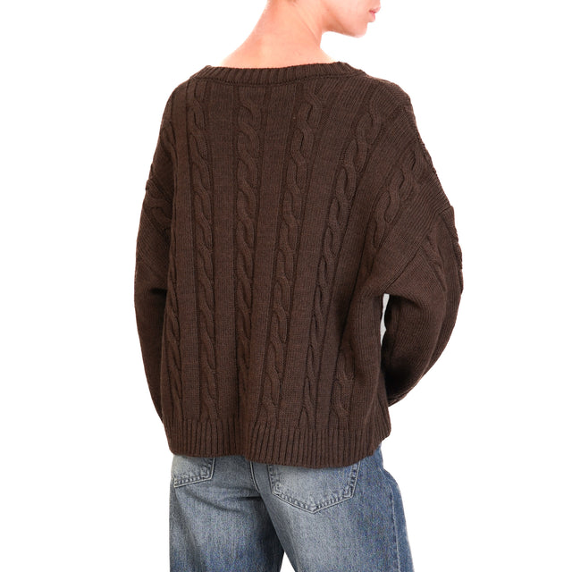 Haveone-Maglia treccia girocollo misto alpaca - moro