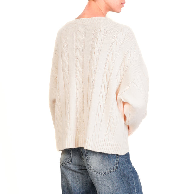 Haveone-Maglia treccia girocollo misto alpaca - panna