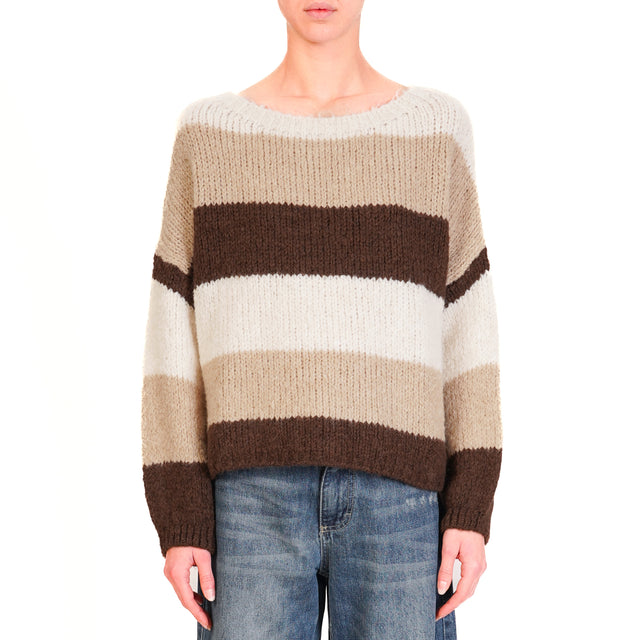 Haveone-Maglia scatola a righe misto lana - burro/beige/moro