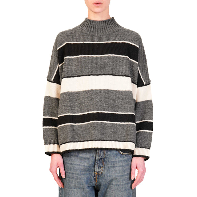 Haveone-Alpaca Blend Crater Neck Striped Sweater - Black/Butter/Pearl