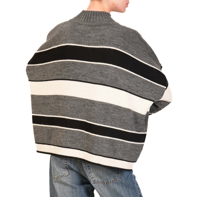 Haveone-Alpaca Blend Crater Neck Striped Sweater - Black/Butter/Pearl