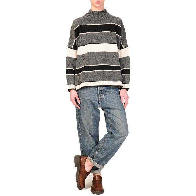 Haveone-Alpaca Blend Crater Neck Striped Sweater - Black/Butter/Pearl