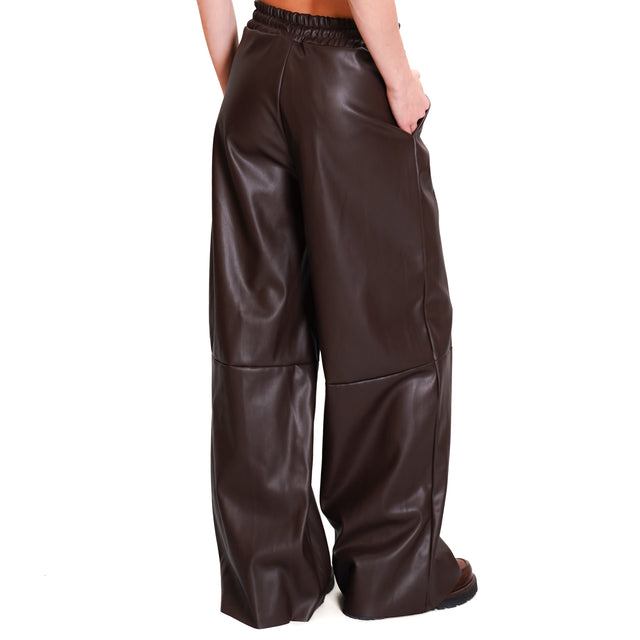 Haveone-Faux Leather Drawstring Trousers - Dark Brown