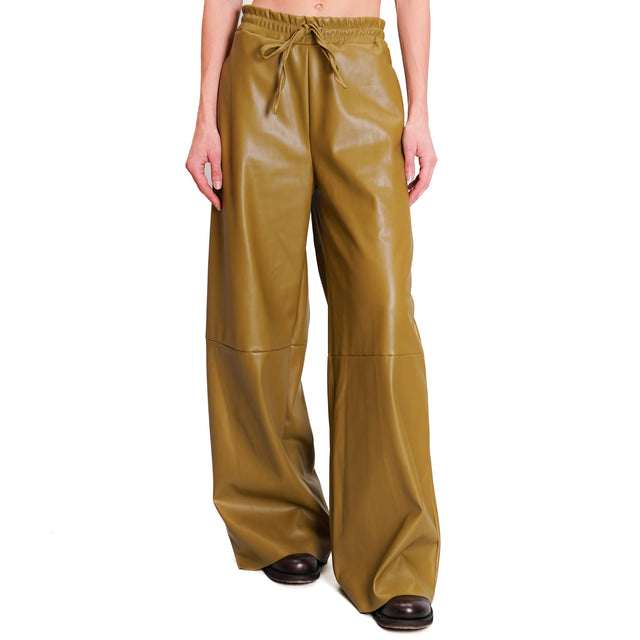 Haveone-Leatherette Drawstring Trousers - Oil