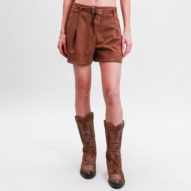 Haveone-Suede Effect Shorts with Belt - Tobacco