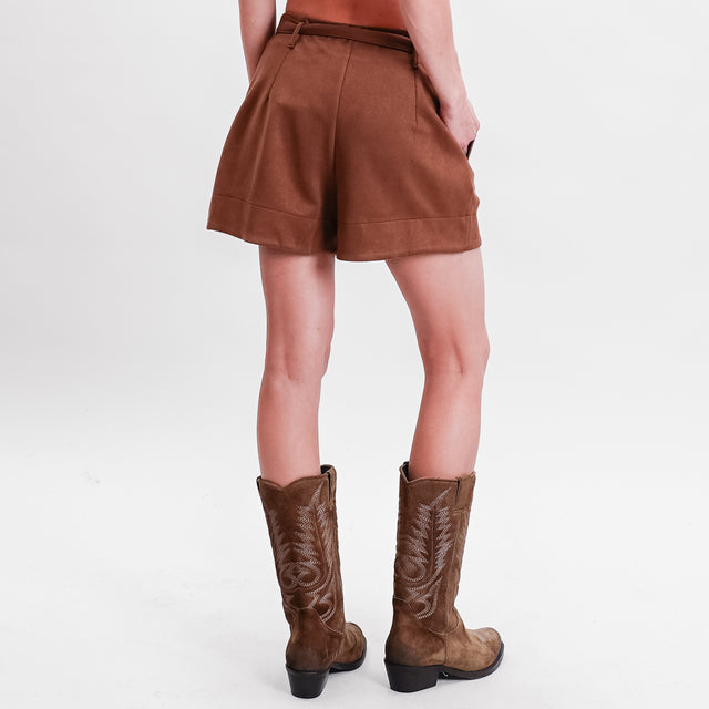 Haveone-Suede Effect Shorts with Belt - Tobacco