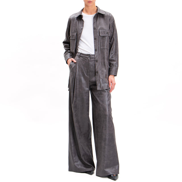 Haveone-Pantalone similpelle wide leg con pinces - antracite