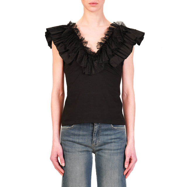 Haveone-Top scollo v con pizzo - nero