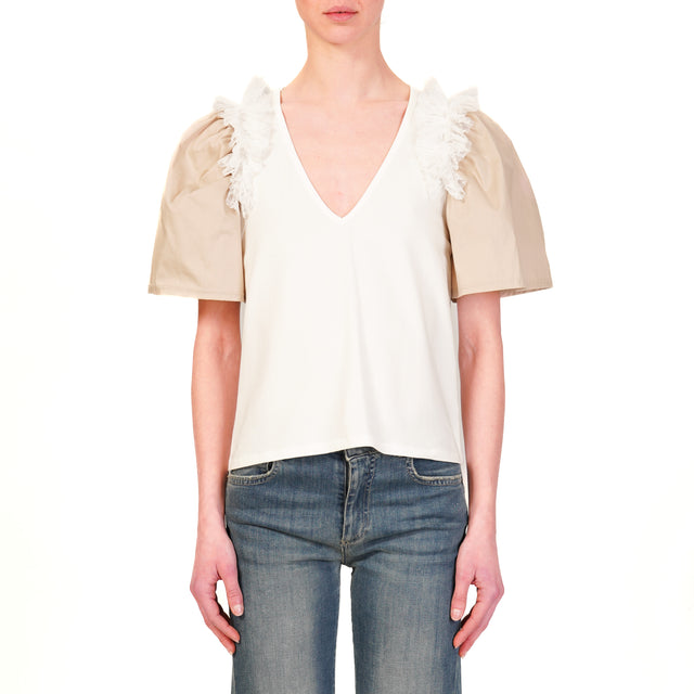 Haveone-T-shirt scollo v con pizzo - bianco/beige