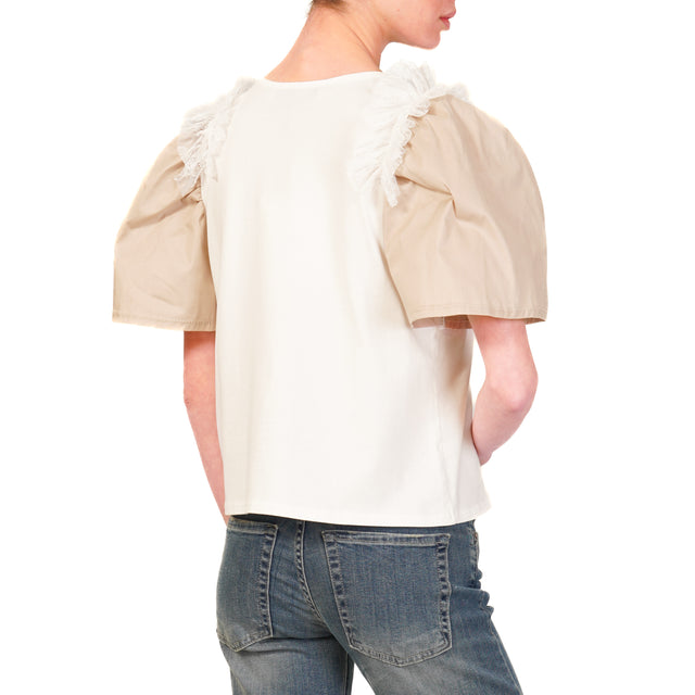 Haveone-T-shirt scollo v con pizzo - bianco/beige