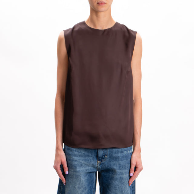 Imperial-Satin Sleeveless Blouse - Chocolate