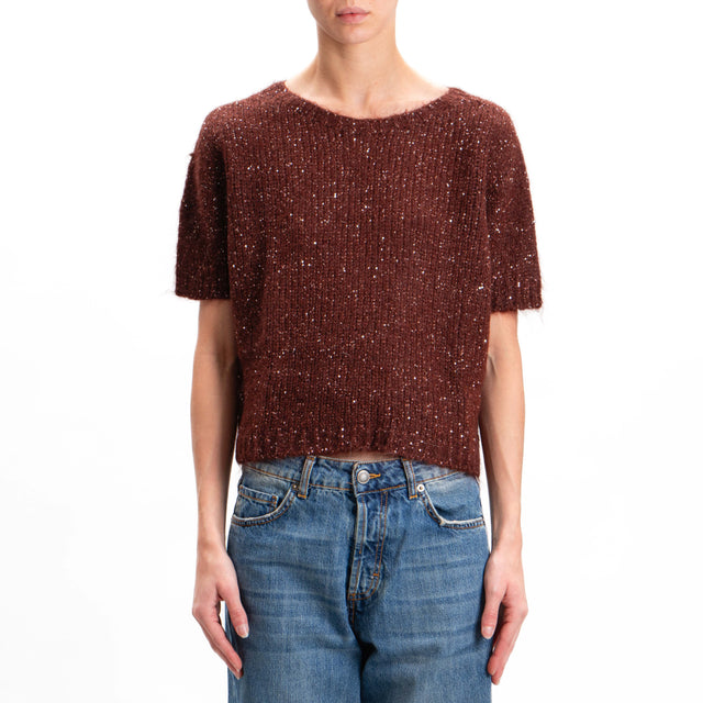 Kontatto-Mohair half sleeve sweater with sequins - chocolate