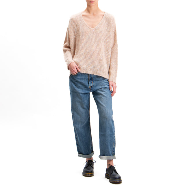 Kontatto-V-neck mohair sweater with sequins - beige