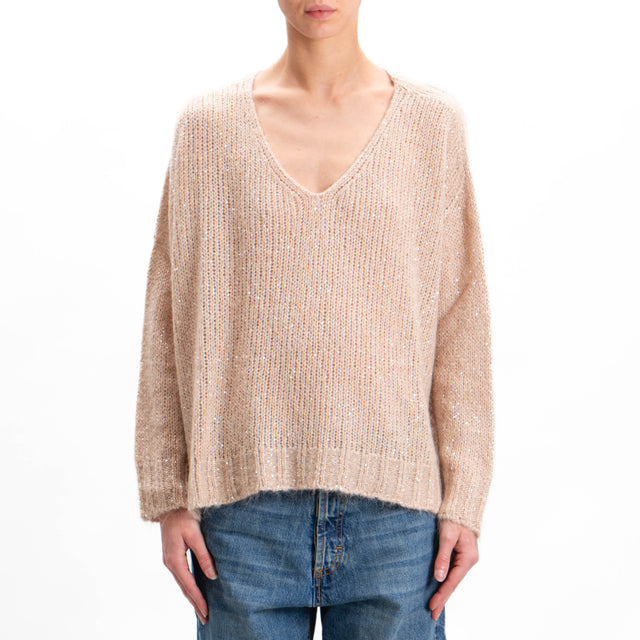 Kontatto-Maglia mohair scollo v con paillettes - beige