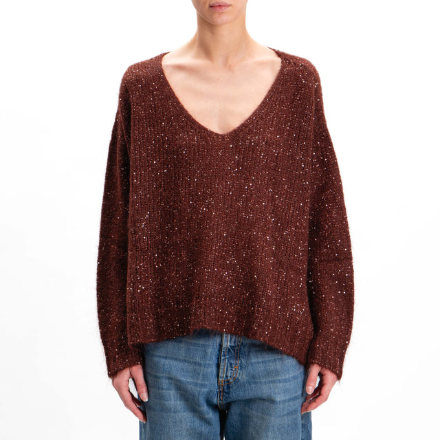 Kontatto-V-neck mohair sweater with sequins - chocolate