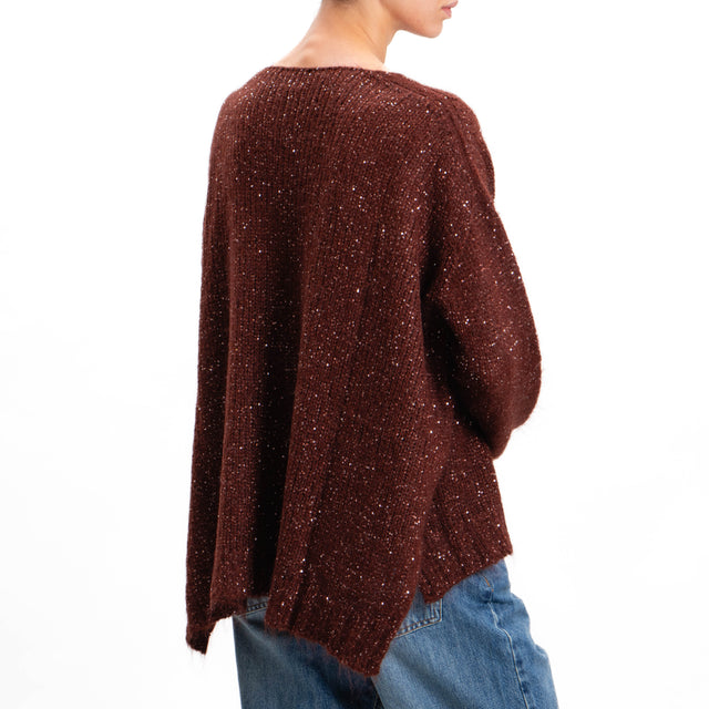 Kontatto-Maglia mohair scollo v con paillettes - cioccolato