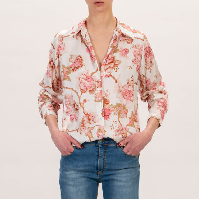 Zeroassoluto- Camicia CAMY in satin - fiori latte/rosa/cuoio