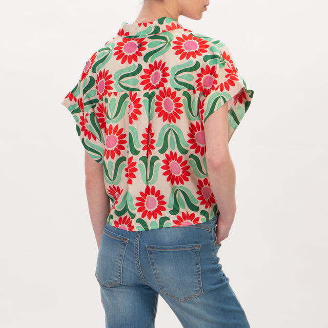 Dixie-Camicia fantasia fiori con nodo - burro/corallo/verde