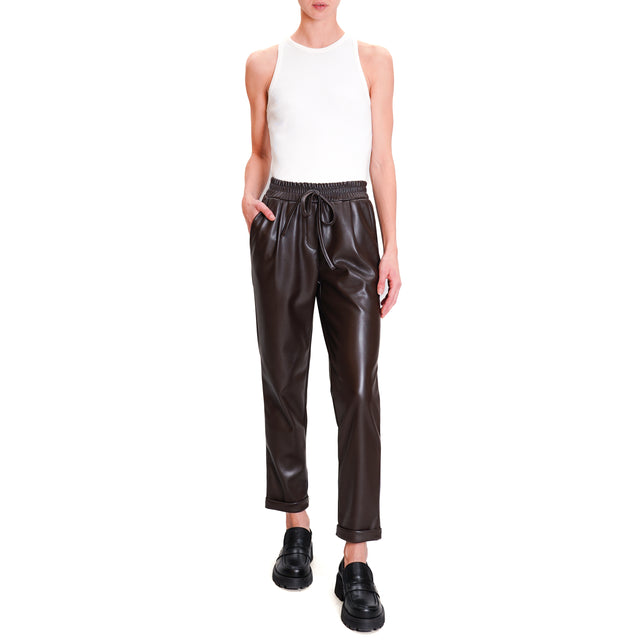 Motel-Leatherette Drawstring Trousers - Coffee