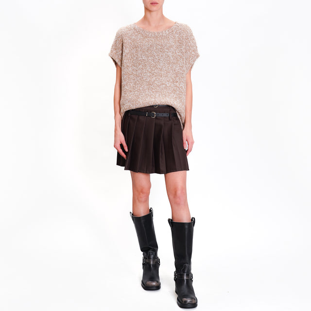 Motel-Miniskirt with pleats double belt - coffee