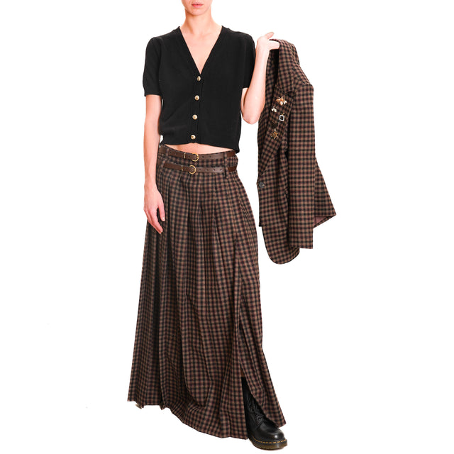 Motel-Pleated Checked Skirt with Side Slit - Dark Brown/Black/Mauve