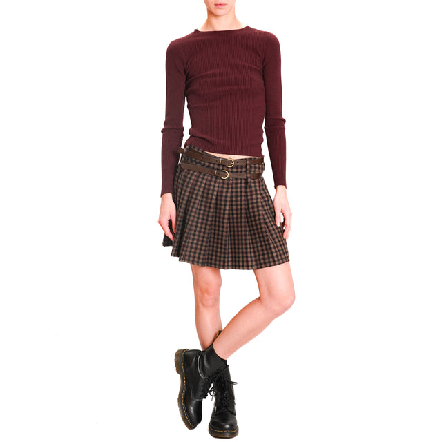 Motel-Miniskirt with double belt and pleats - dark brown/black/mauve