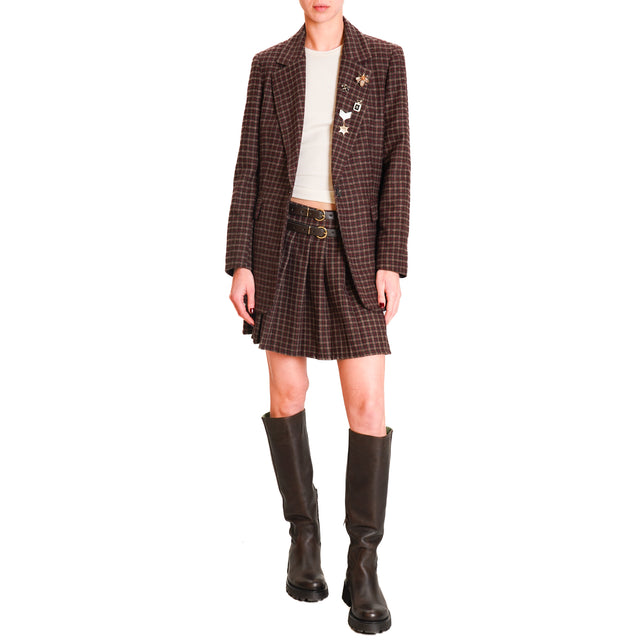 Motel-Double Belt Check Mini Skirt - Wine/Beige