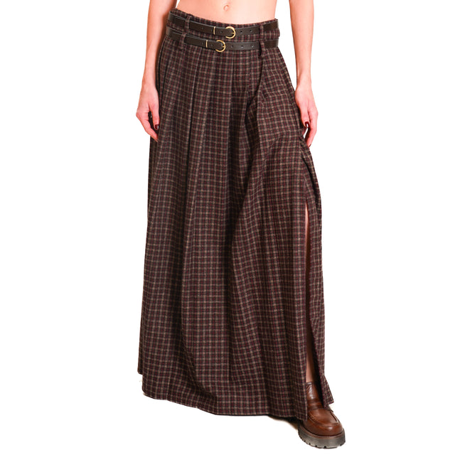 Motel-Pleated Checked Wool Blend Skirt - Wine/Beige