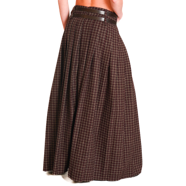 Motel-Pleated Checked Wool Blend Skirt - Wine/Beige