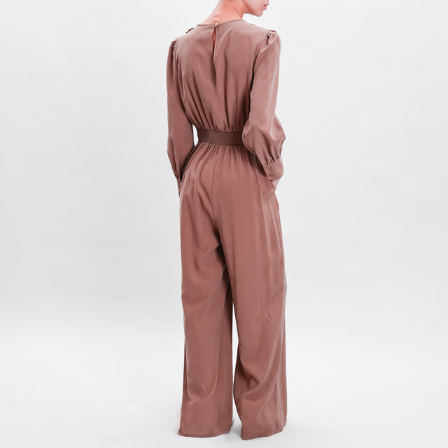 Motel-V-Neck Jumpsuit with Removable Brooch - Biscuit