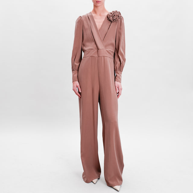 Motel-V-Neck Jumpsuit with Removable Brooch - Biscuit