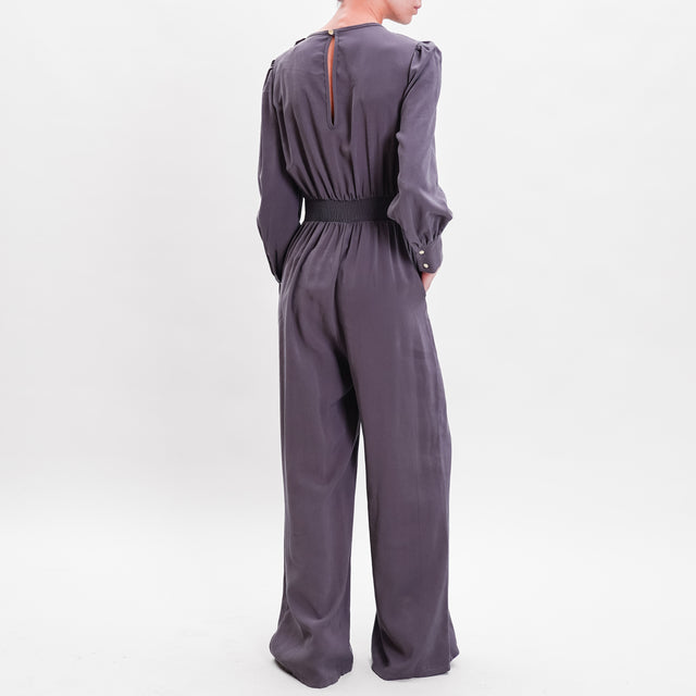 Motel-V-Neck Jumpsuit with Removable Brooch - Grey