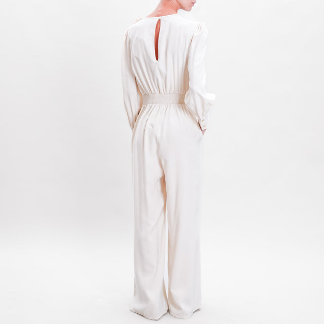 Motel-V-Neck Jumpsuit with Removable Brooch - Cream