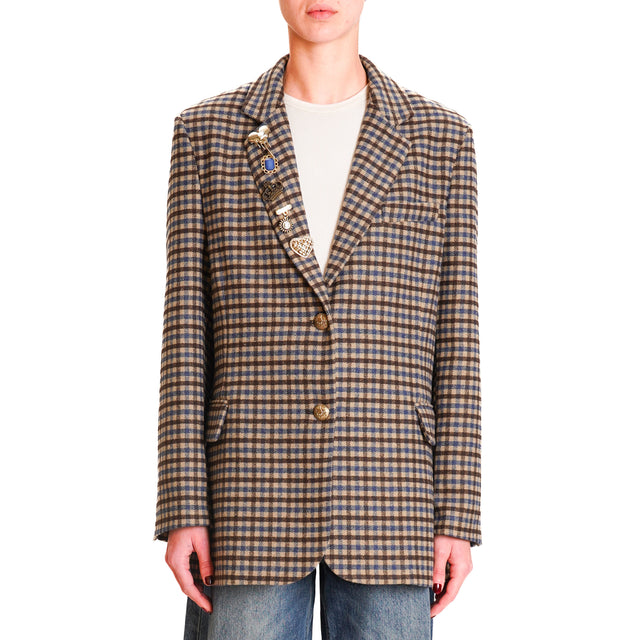 Motel-Checked Jacket with Pins Wool Blend - Beige/Light Blue/Dark Brown