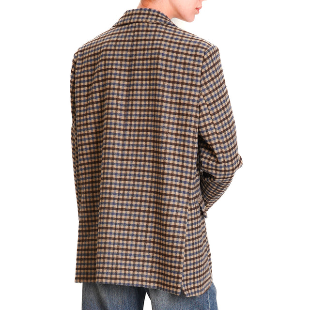 Motel-Checked Jacket with Pins Wool Blend - Beige/Light Blue/Dark Brown