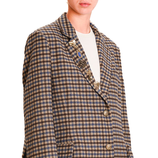 Motel-Checked Jacket with Pins Wool Blend - Beige/Light Blue/Dark Brown