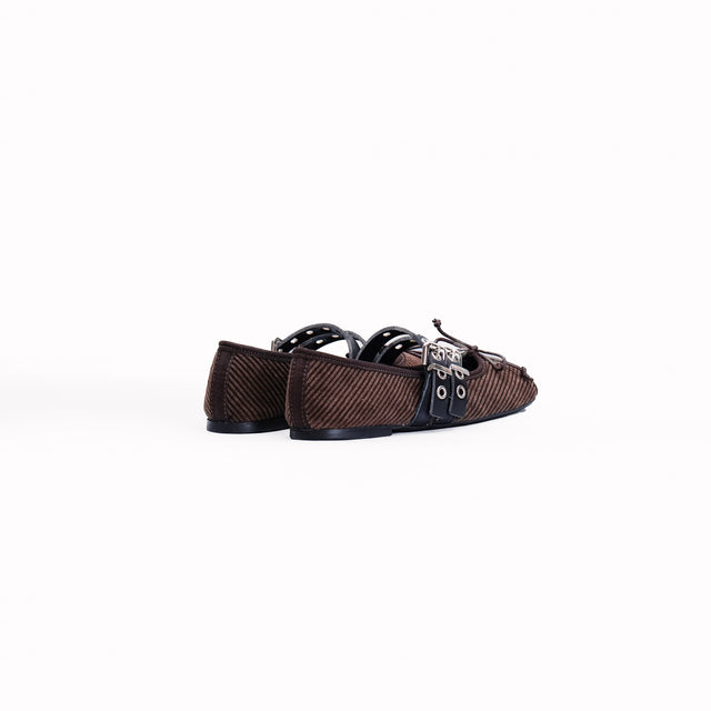 Ovye'-Double Strap Velvet Ballerina - Dark Brown/Black