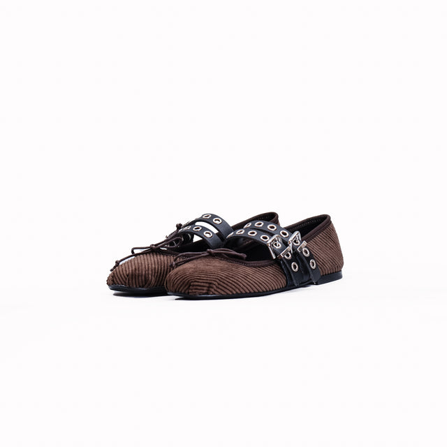 Ovye'-Double Strap Velvet Ballerina - Dark Brown/Black