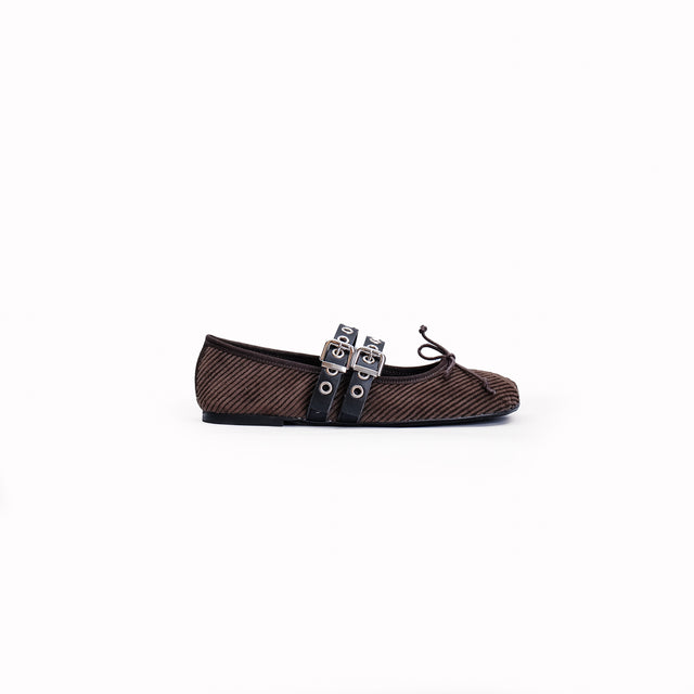 Ovye'-Double Strap Velvet Ballerina - Dark Brown/Black