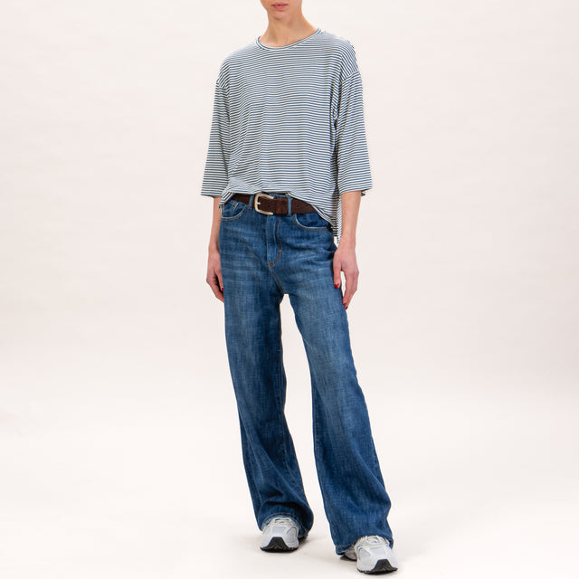 Zeroassoluto-T-shirt righe in jersey manica 3/4 - latte/jeans